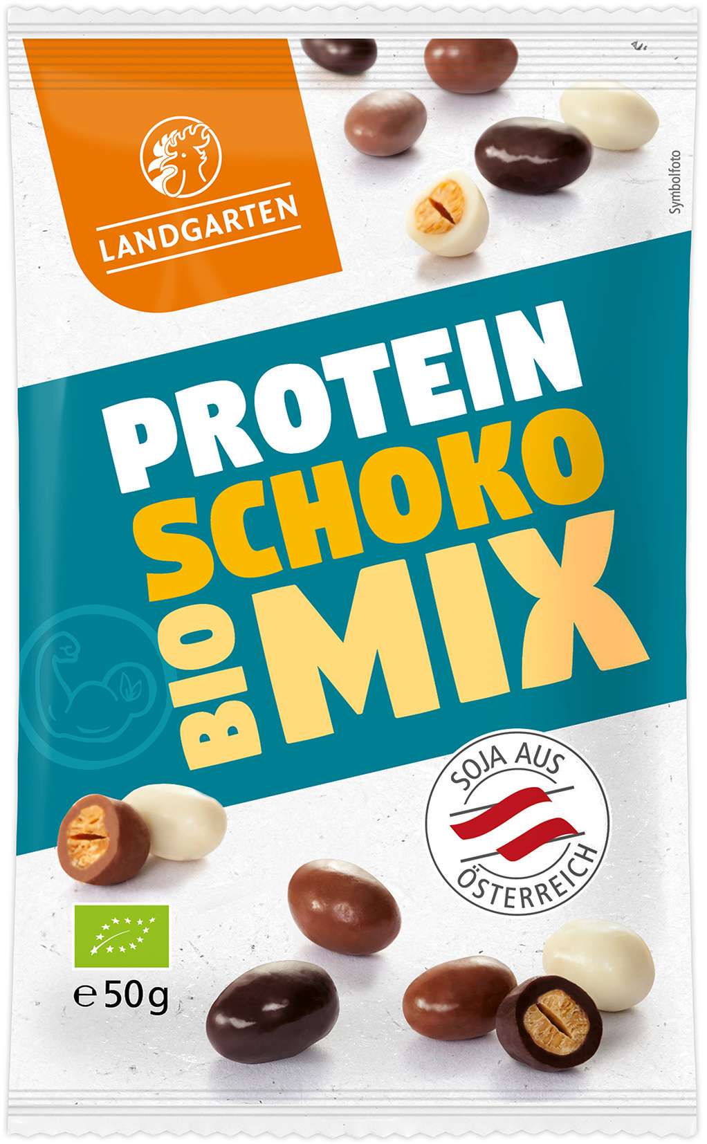LANDGARTEN Bio Soja in dreierlei Schokoladen 50 g mit Logo Button