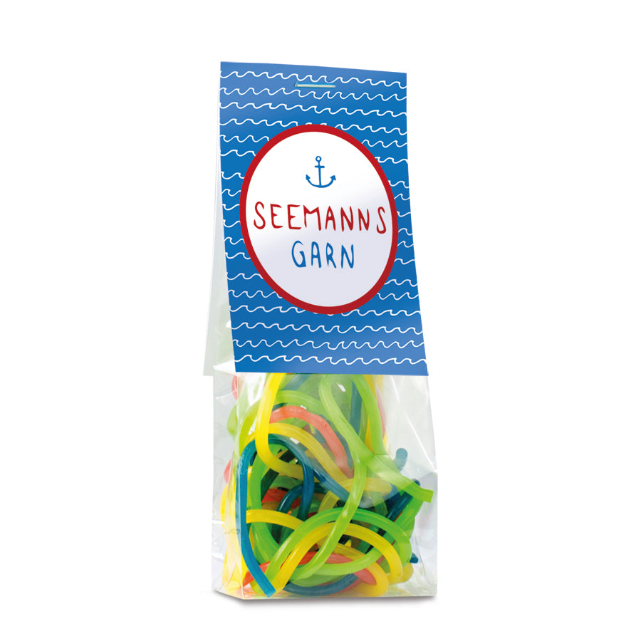 Lange Fruchtgummi Schnüre im Beutel 50 g mit Logo – Beispielmotiv
