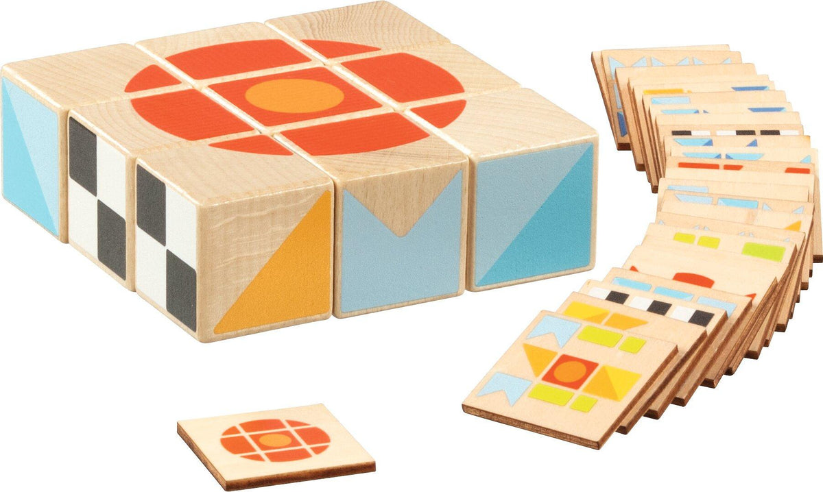 Legespiel II aus Holz mit 9 Würfeln und 25 Vorlagen – Ansicht