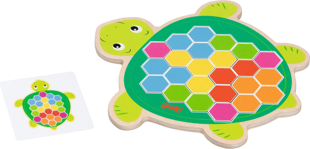 Legespiel Schildkröte Rosy mit Sechsecken und Vorlagen – Seitenansicht
