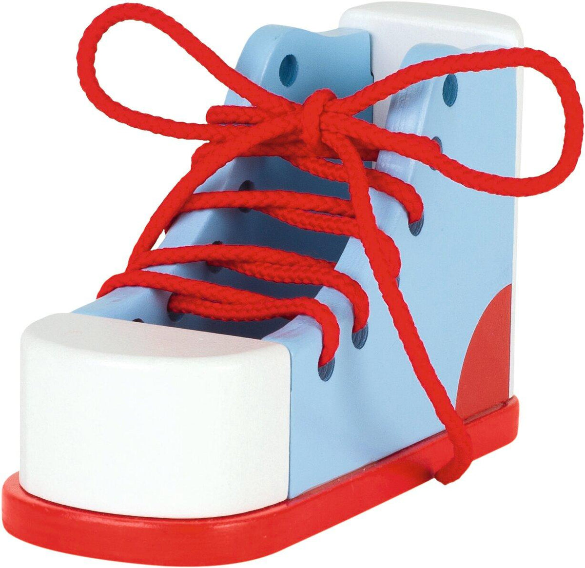 Lernschuh zum Binden aus Holz mit roter Schnur – Ansicht