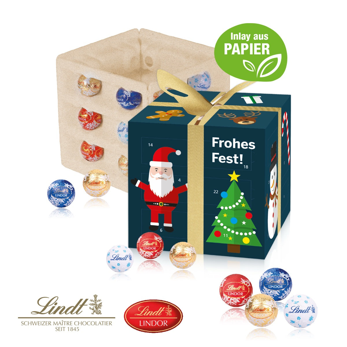 Würfelförmiger Adventskalender mit Kartonschleife und Werbedruck