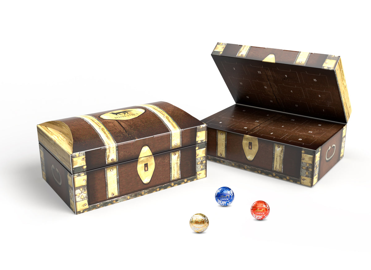 Lindt Adventskalender in Form einer Schatztruhe, bedruckt