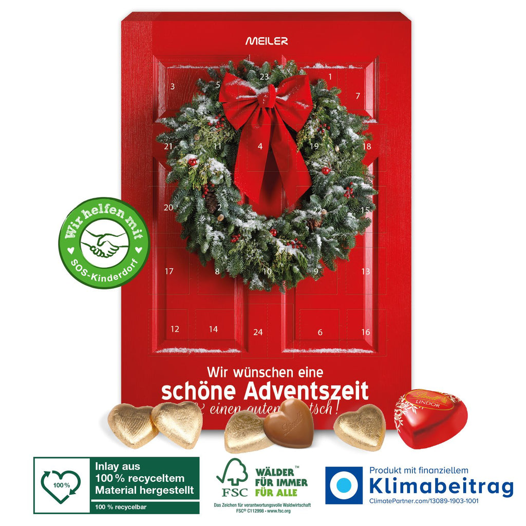 Eleganter Lindt Adventskalender Schokoladen-Herzen im Hochformat, gefüllt mit 23 Vollmilch-Herzen und einem Lindor Pralinenherz, ideal als nachhaltiges Geschenk für die Weihnachtszeit