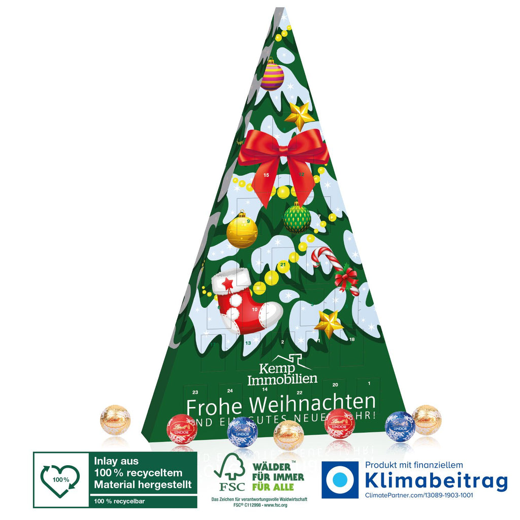 Lindt Adventskalender Weihnachtsbaum, gefüllt mit bunten Lindt Minis, 100 % recycelbar und aus FSC®-zertifiziertem Karton, perfekt für umweltbewusste Schokoladenliebhaber.