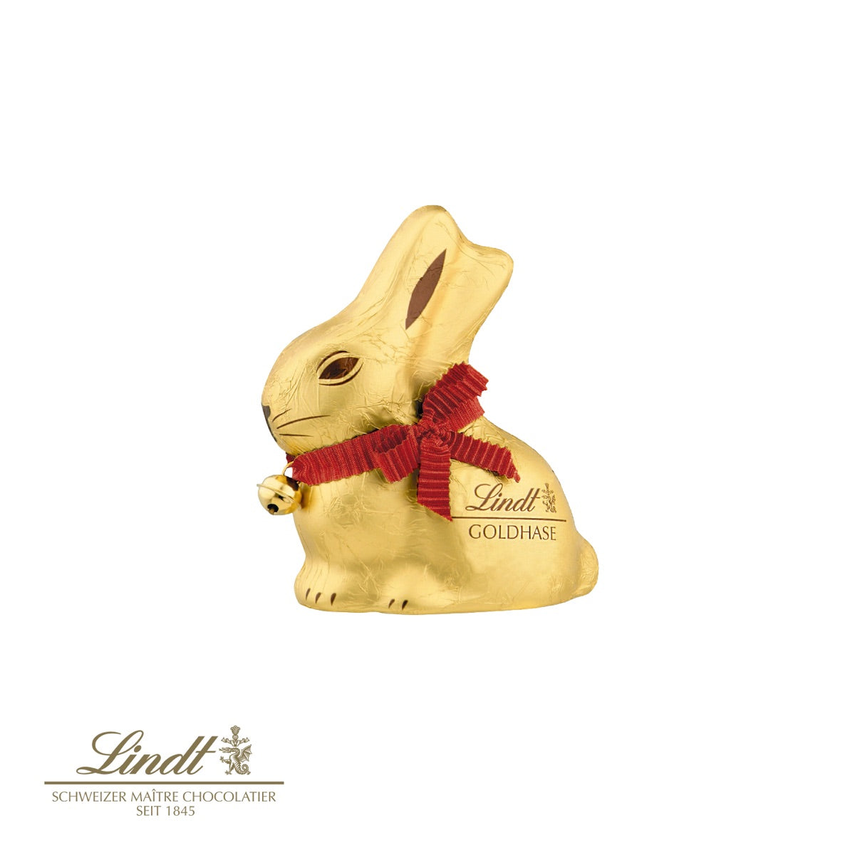 Großer Lindt Goldhase mit Glöckchen als Füllung der Werbekartonage