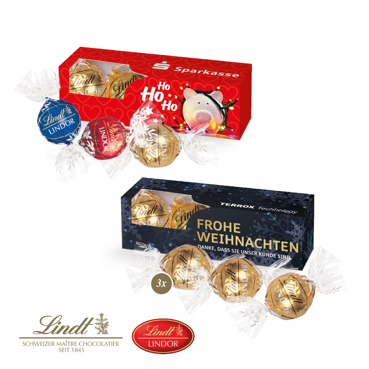 Längliche Werbekartonage mit Logo für drei Lindor Pralinés