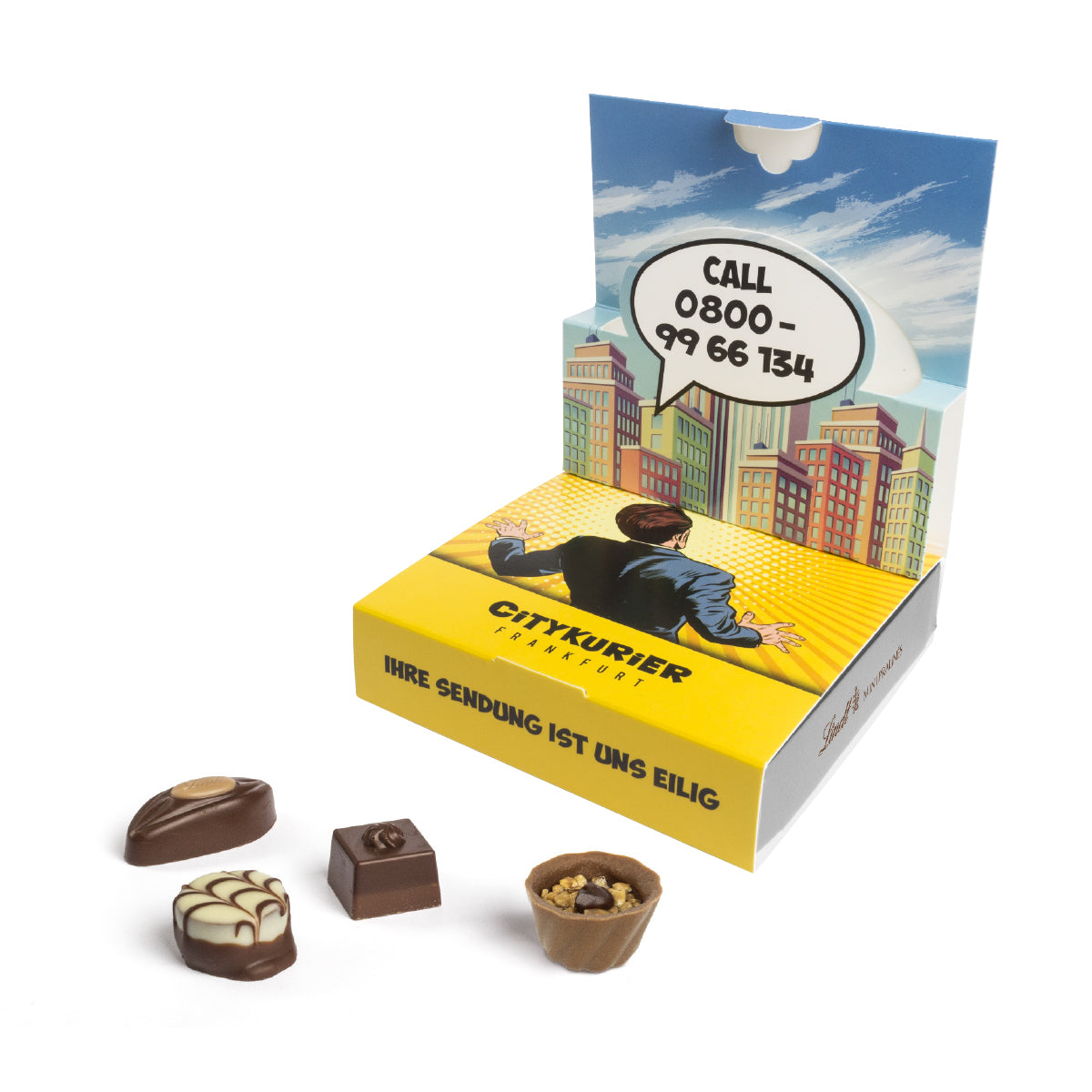 Aufgeklappte Pop Up Kartonage mit Lindt Mini Pralinés