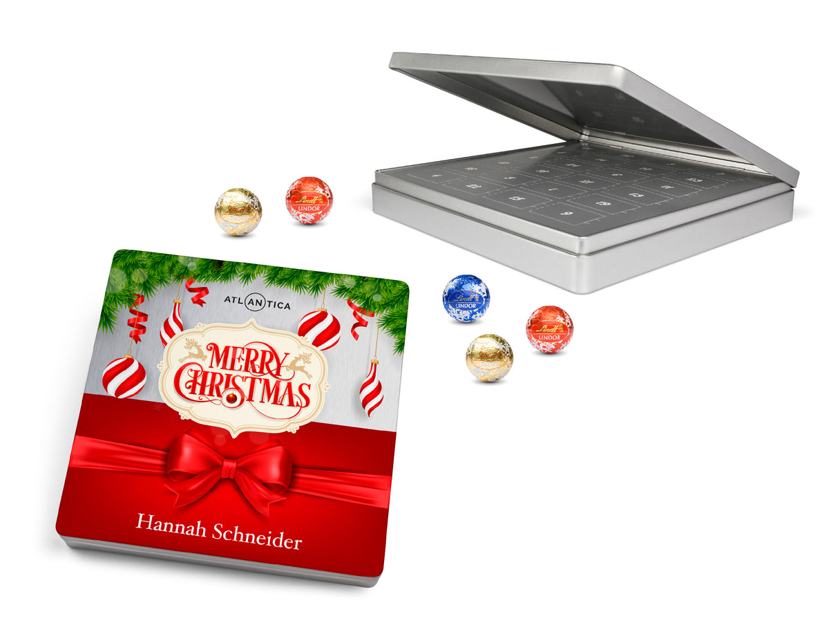 Lindt Xmas Box aus Weißblech mit bedrucktem Deckel und Adventskalender