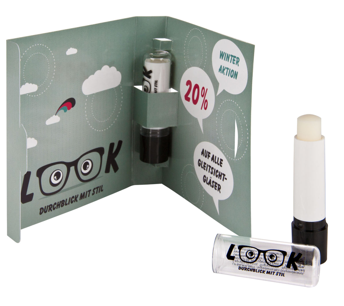 Lippenpflegestift in Karte zum Aufklappen mit 4c Druck