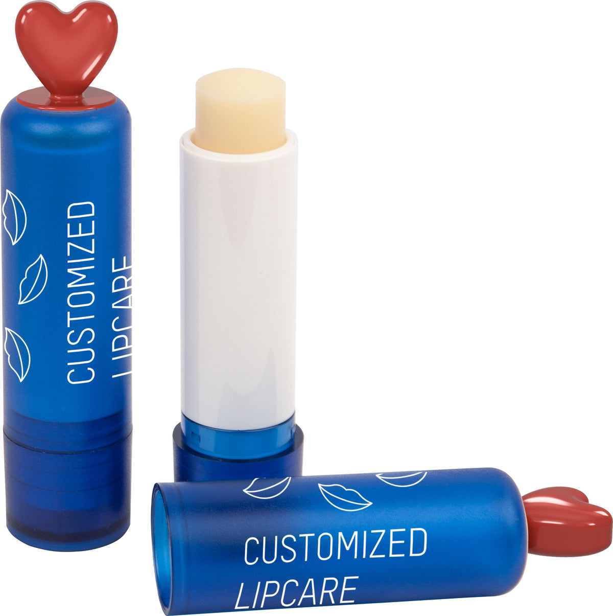 Lippenpflegestift mit Herz Aufsatz und Logo – Blau