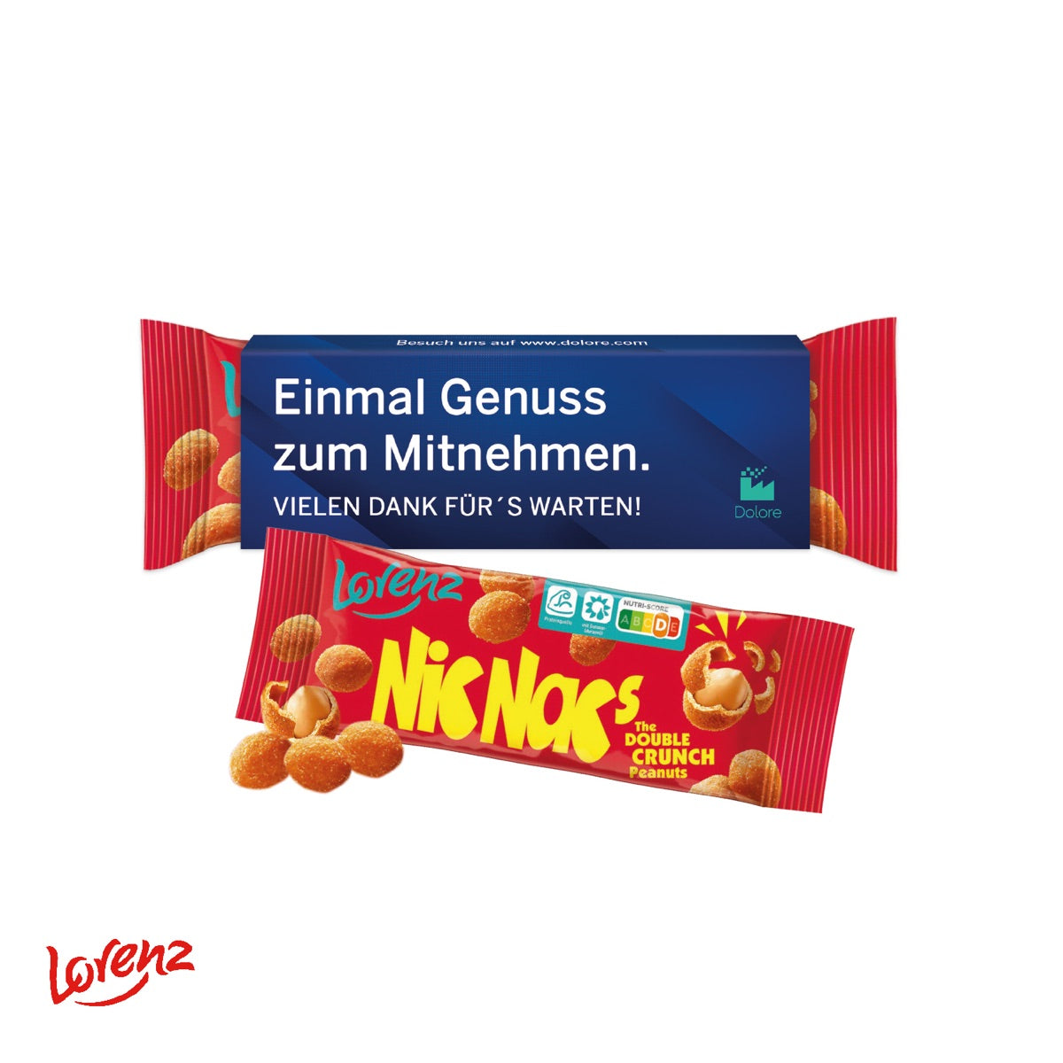 Werbeschuber aus Karton mit vierfarbigem Motiv für eine Snackpackung