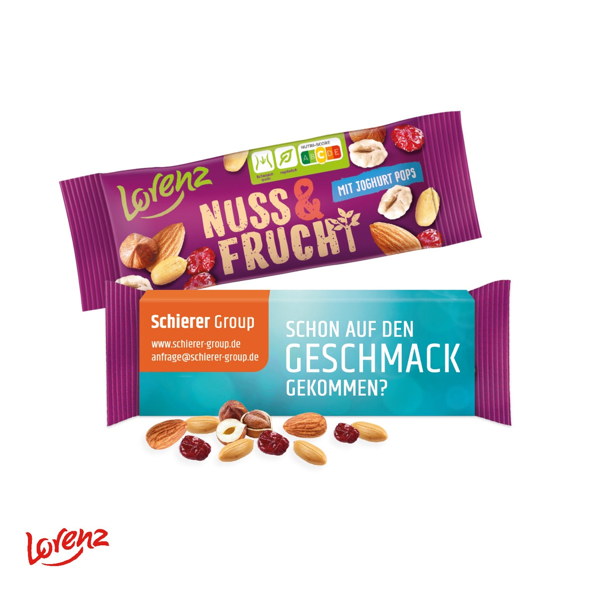 Werbeschuber aus Karton mit vierfarbigem Motiv um eine Snackpackung