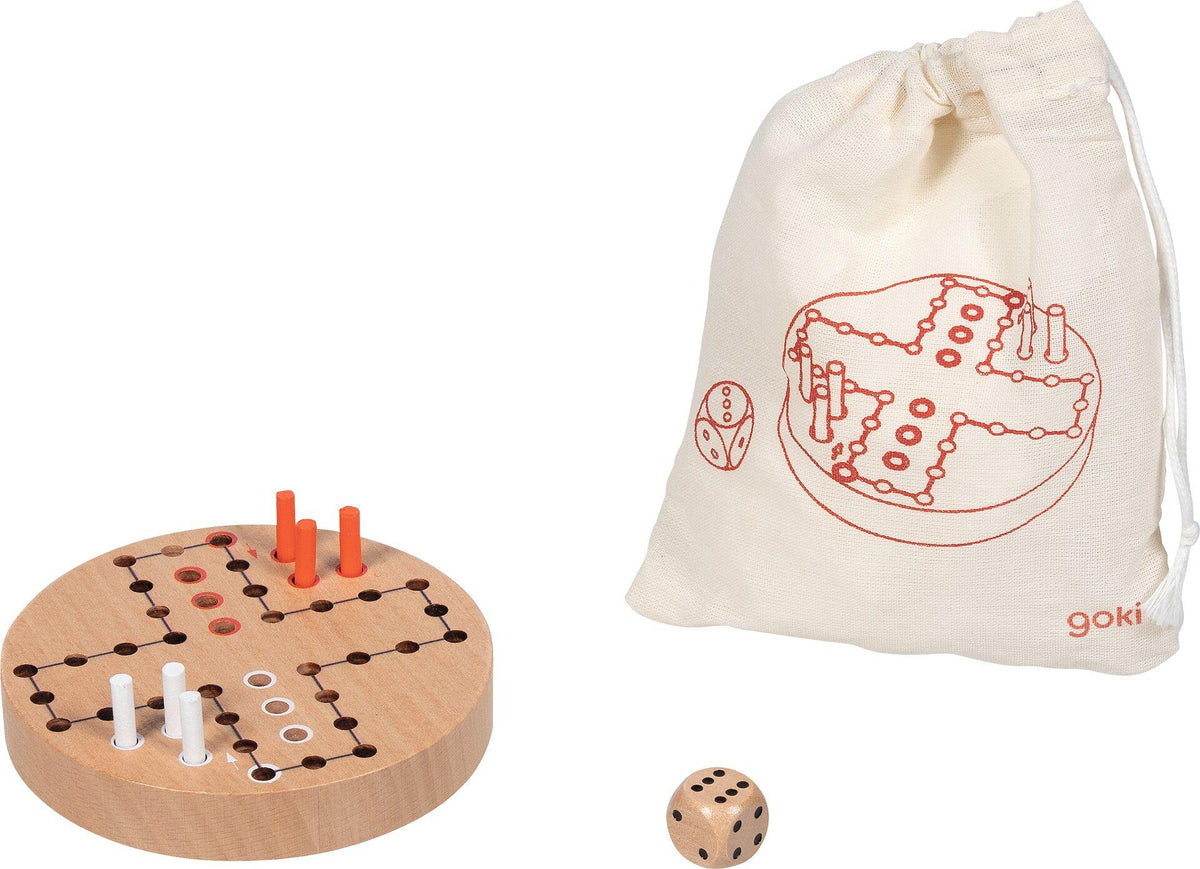 Ludo Reisespiel aus Holz im Baumwollbeutel, Ø 9 cm – Detail