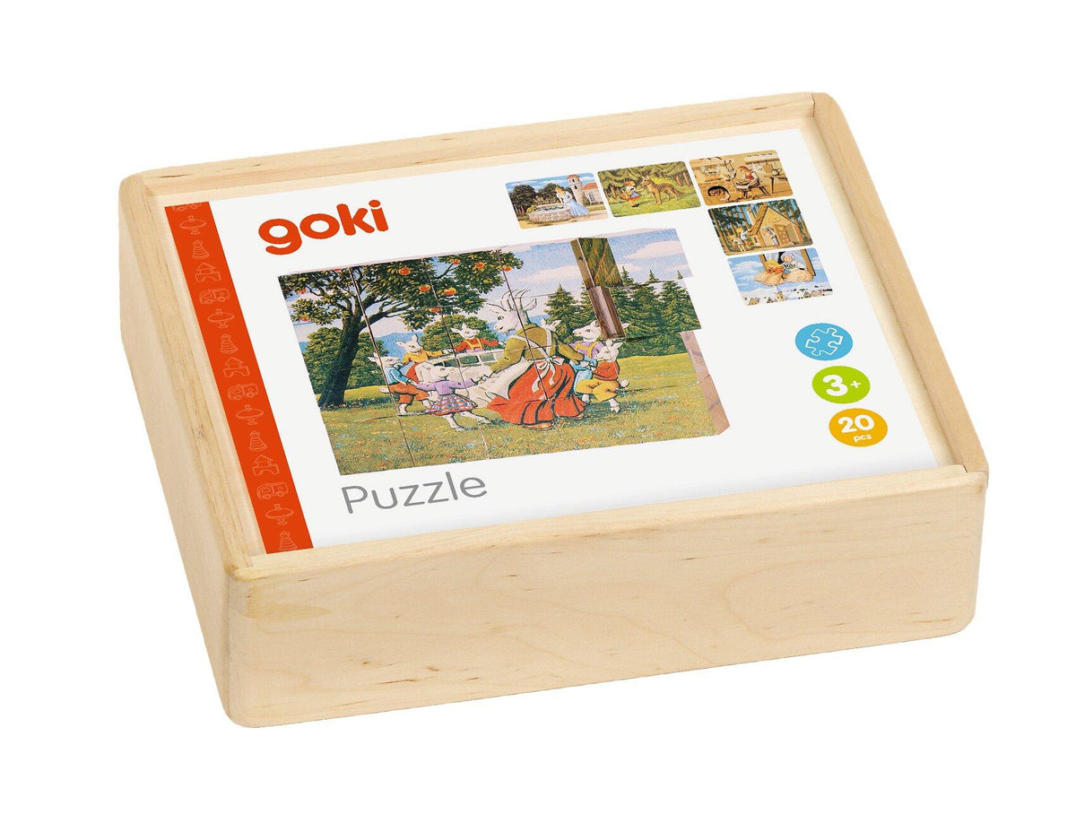 Märchen Würfelpuzzle im Holzkasten mit 20 Würfeln – Gesamtansicht
