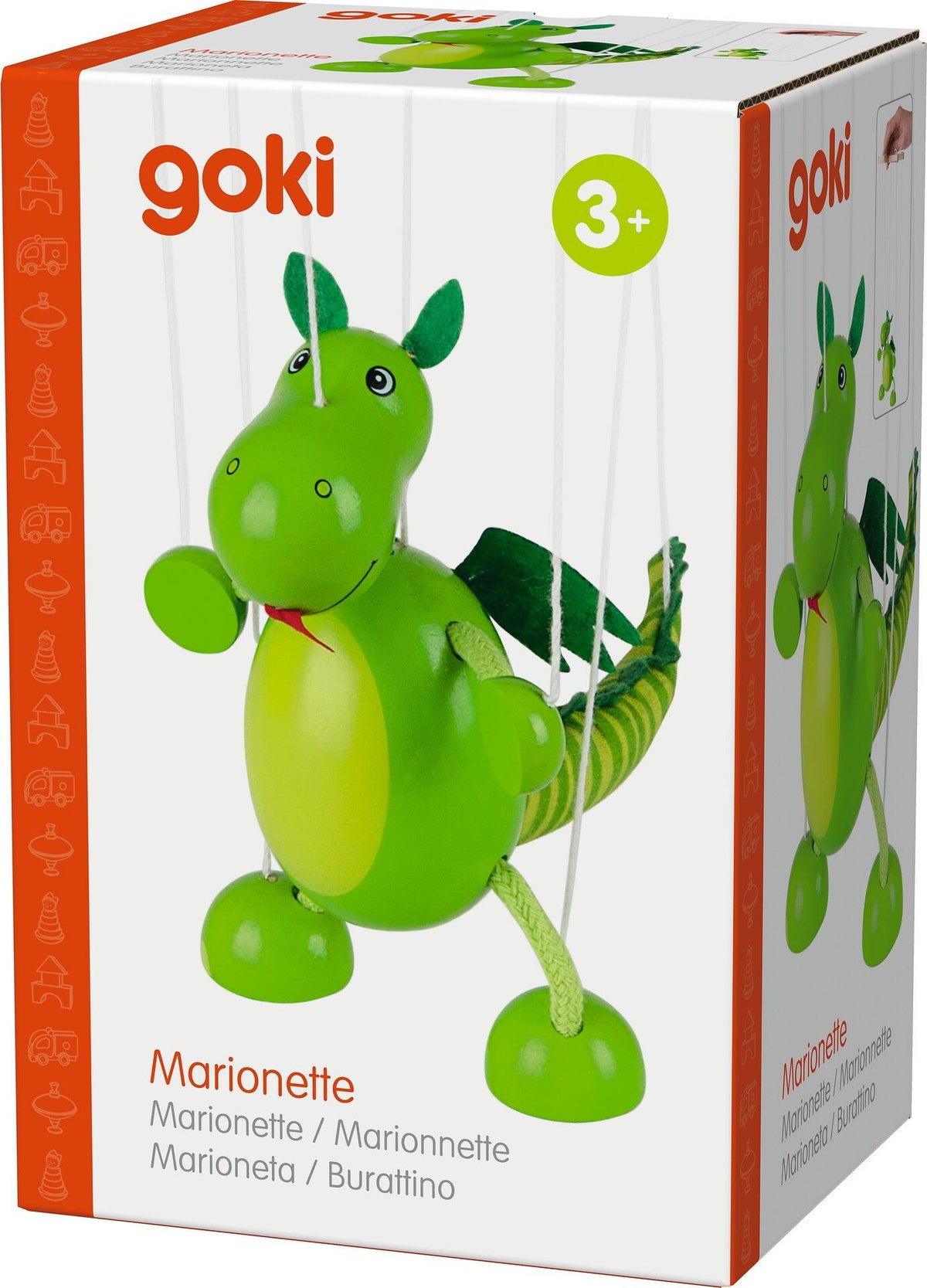 Marionette Dinosaurier in Grün mit Filzflügeln – weitere Ansicht