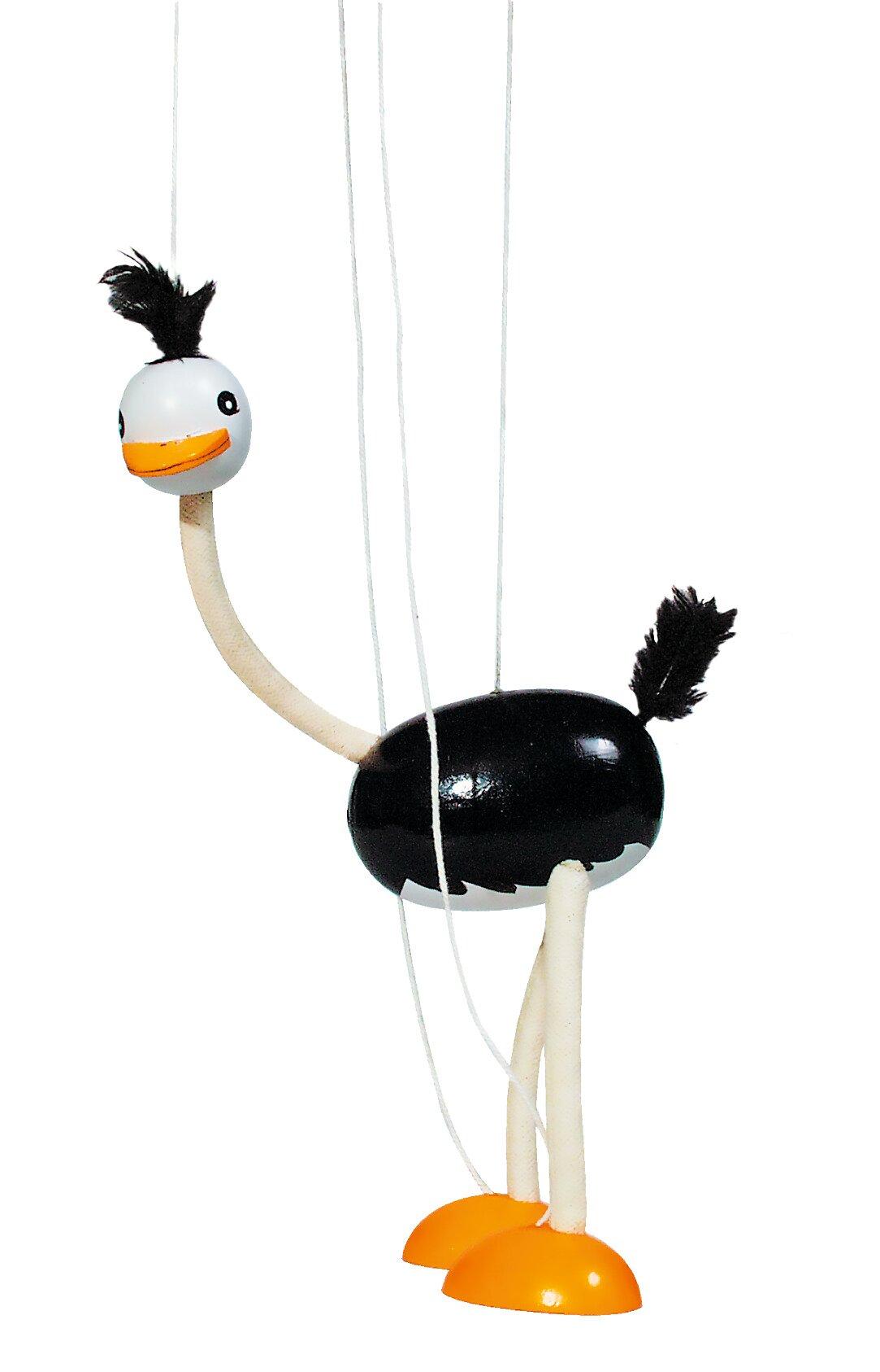 Marionette Strauß mit langem Hals und Federn aus Holz – Ansicht