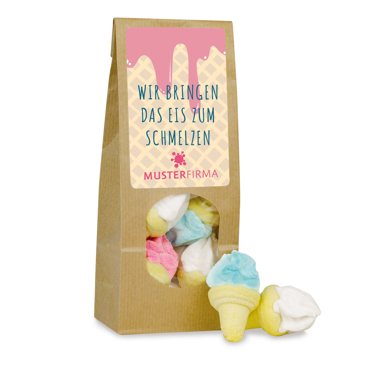 Marshmallow Eistüten im Papierbeutel 75 g mit Logo – Beispielmotiv