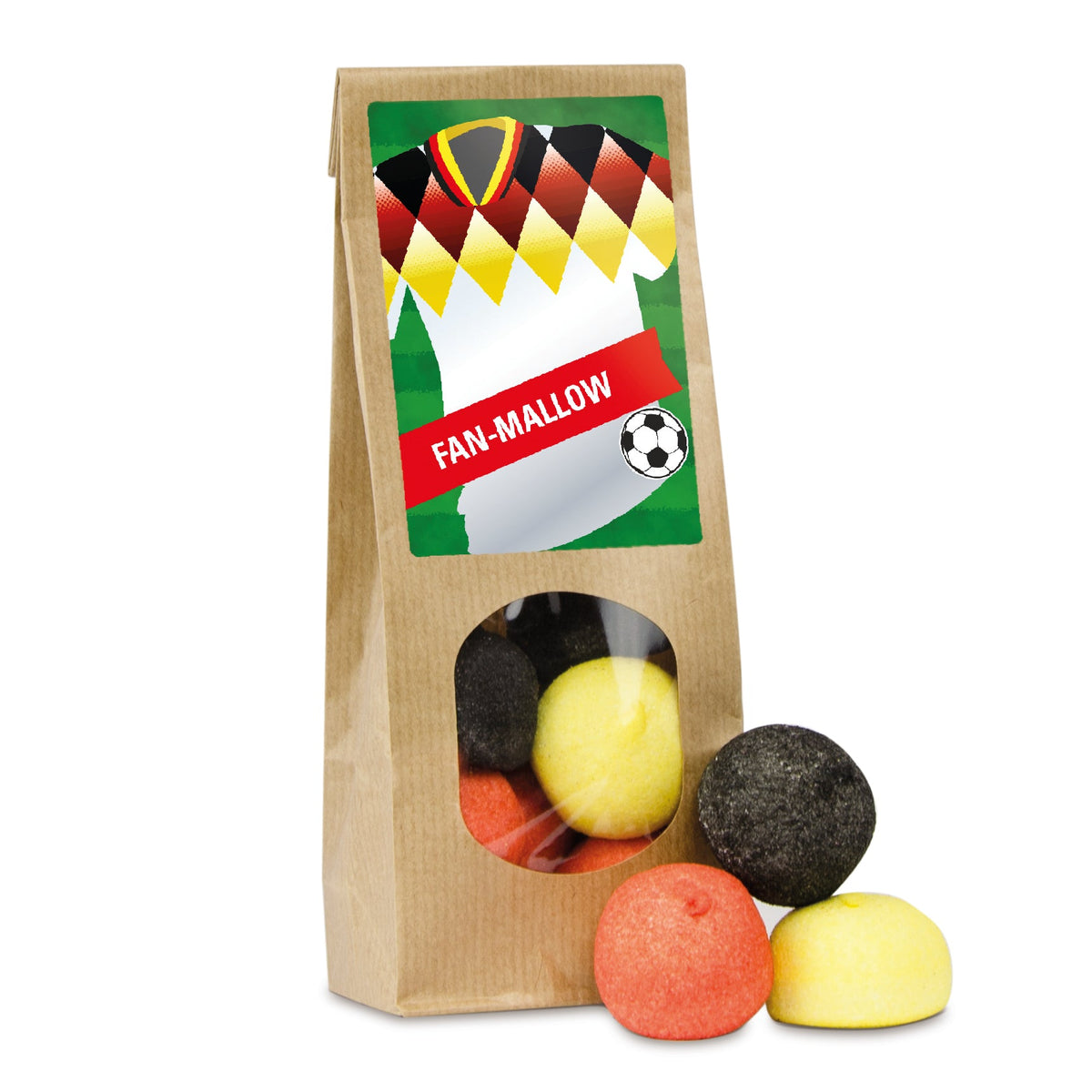 Marshmallow Kugeln Schwarz Rot Gelb im Papierbeutel 80 g – Beispielmotiv