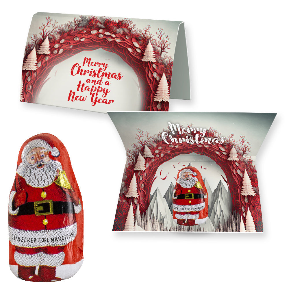 Marzipan Weihnachtsmänner in der Weihnachtswerbekarte
