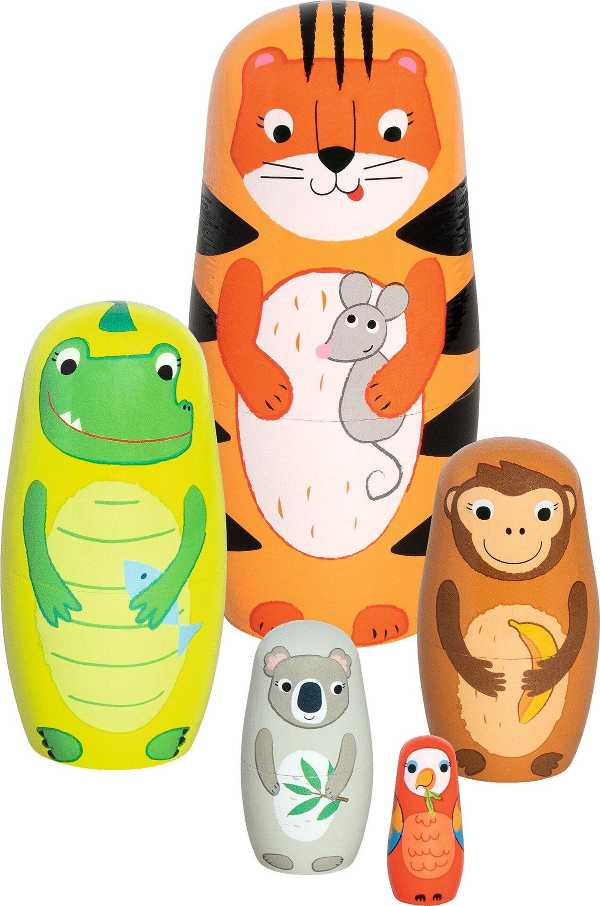 Matroschka Tiger Tavi und Freunde aus Holz von goki – Seitenansicht