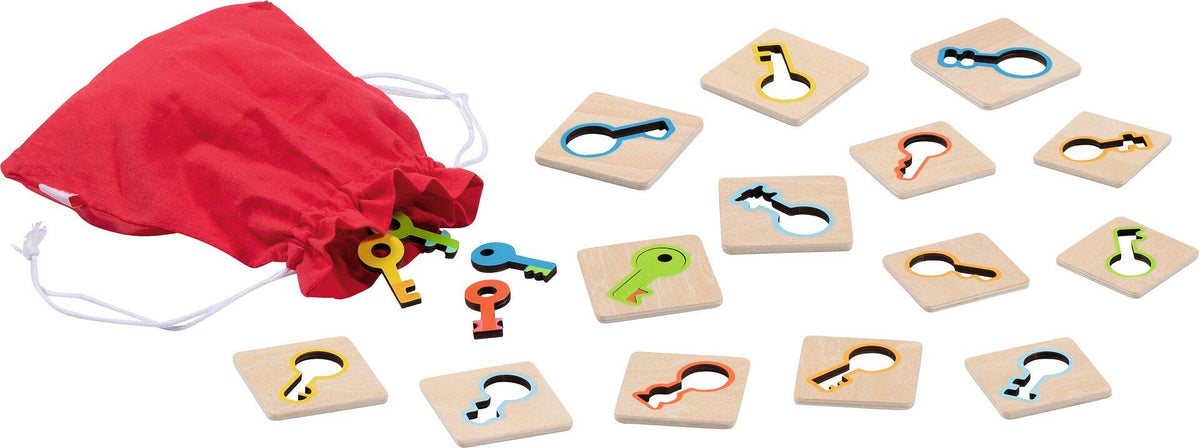 Memospiel Schlüsselsuche mit Holzschlüsseln und Beutel
