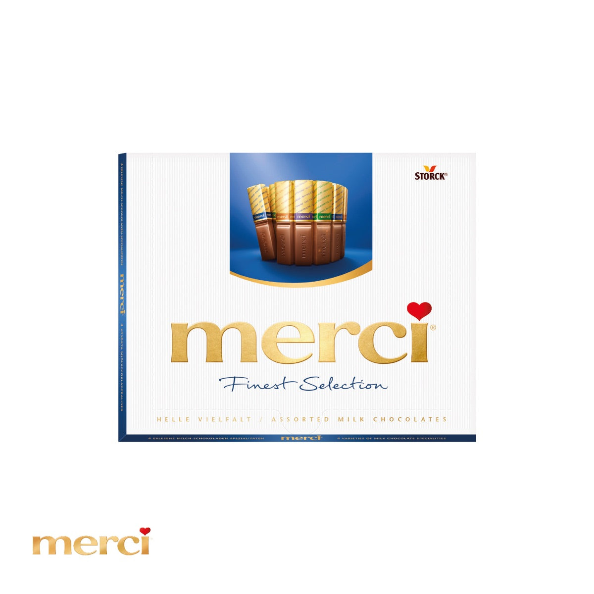 Geöffnete Merci Finest Selection mit Schokoladenriegeln in Sorten