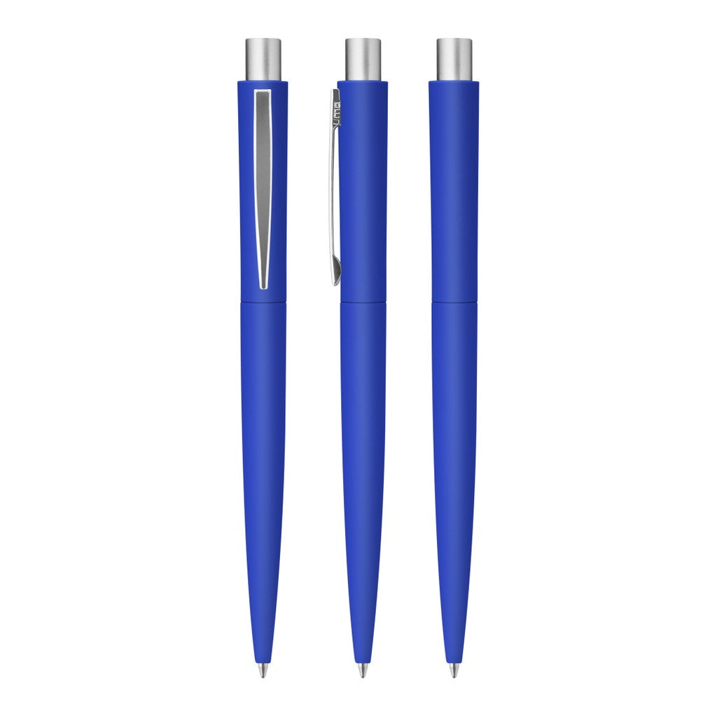 Metall Druckkugelschreiber Softtouch mit mattem Chromclip – Mittelblau