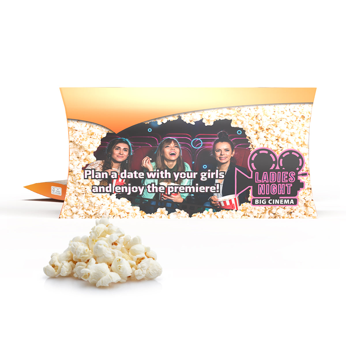 Werbekartonage mit Mikrowellen Popcorn, rundum bedruckt