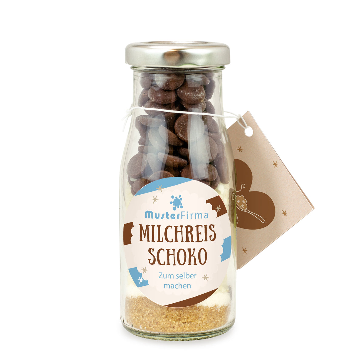 Milchreis Schoko Mischung in der Glasflasche 120 g mit Logo – Beispielmotiv