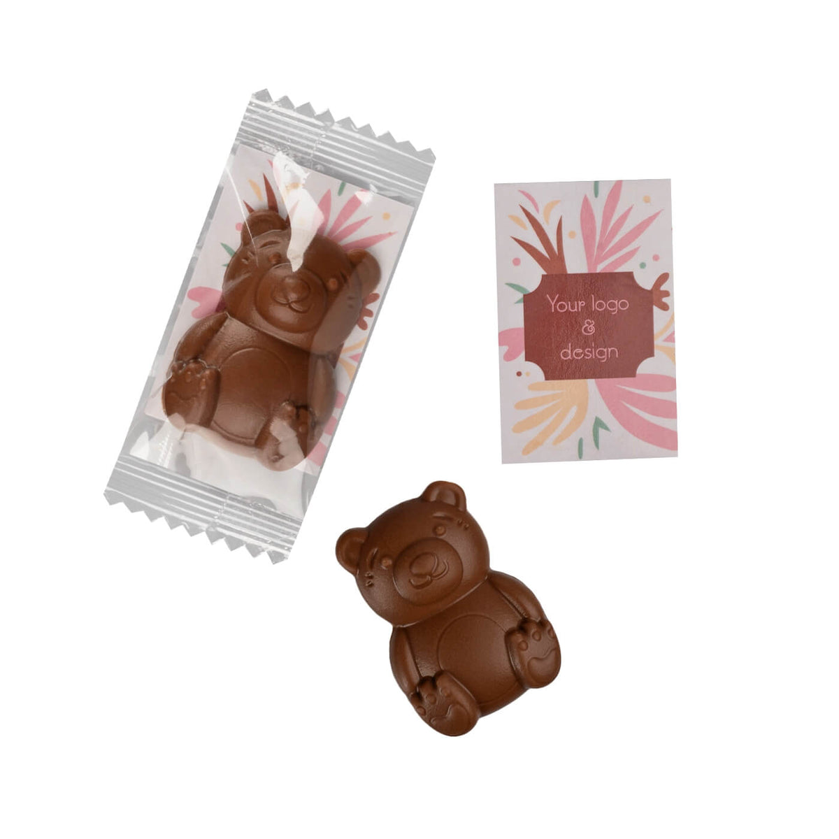 Milchschokoladenbär mit Logo auf der Werbekarte, Bär und Karte