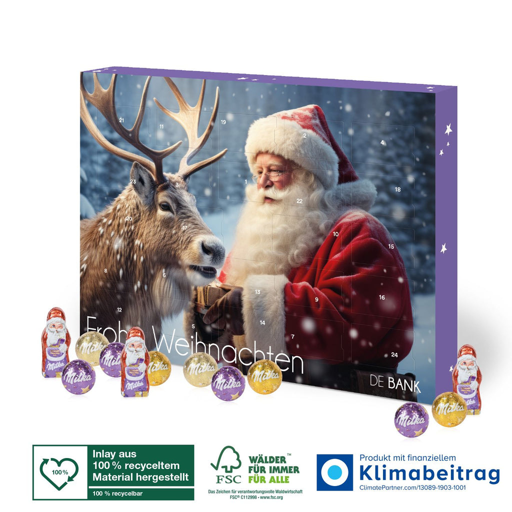 Nachhaltiger Milka Edition Adventskalender mit 100 % recyceltem Inlay, gefüllt mit Milka Kugeln und Mini-Weihnachtsmännern, ideal für KundInnen und MitarbeiterInnen.