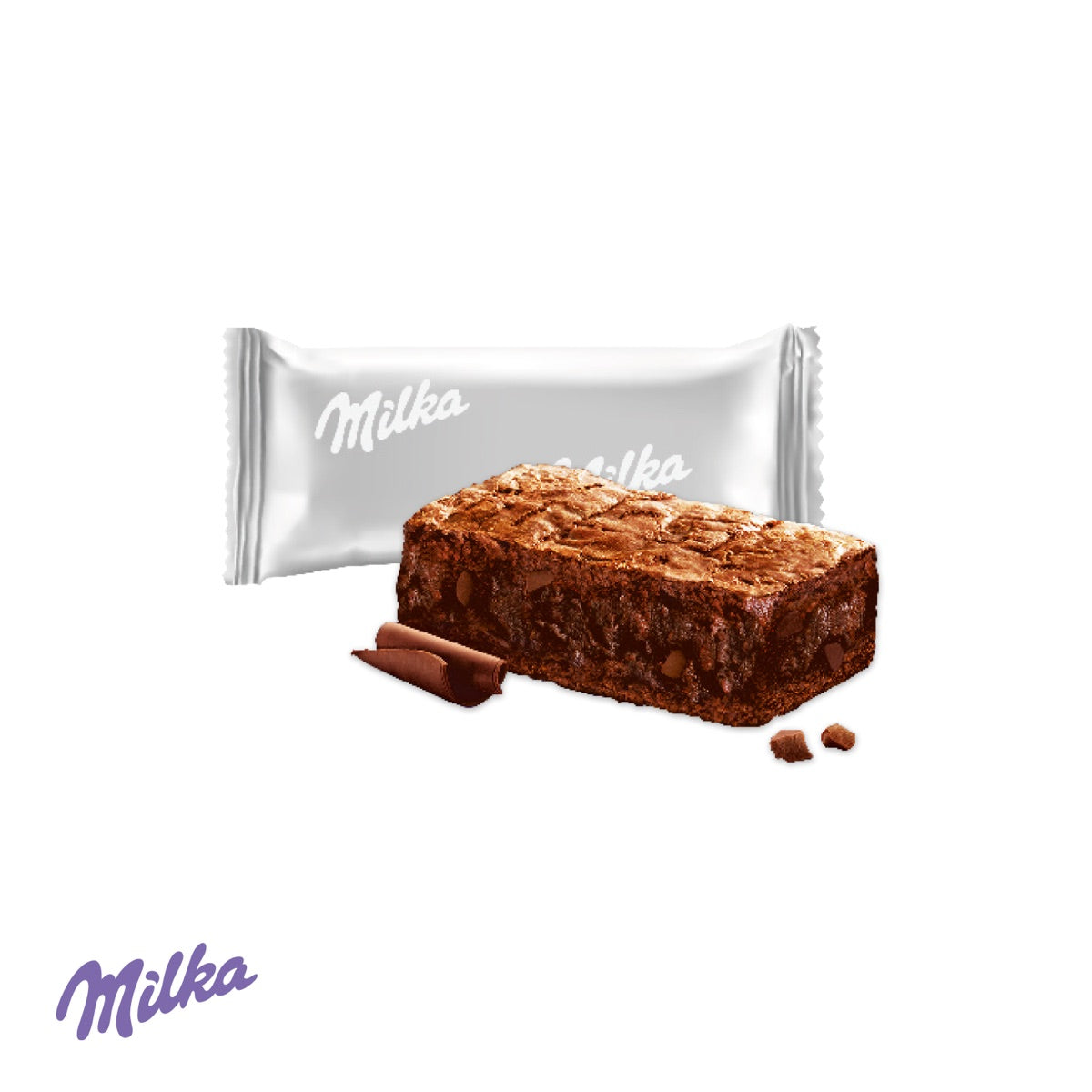Geöffnete Werbebox mit Milka Choco Brownie als Füllung