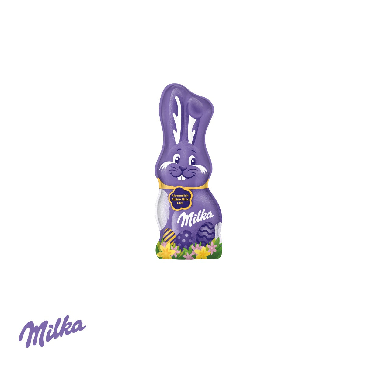 Milka Schmunzelhase mit 15 g in der geöffneten Werbebox