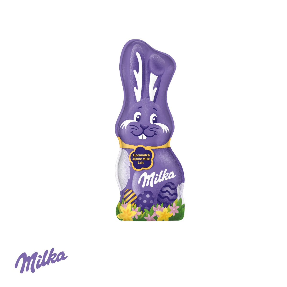 Milka Schmunzelhase mit rund 45 g in der offenen Werbebox
