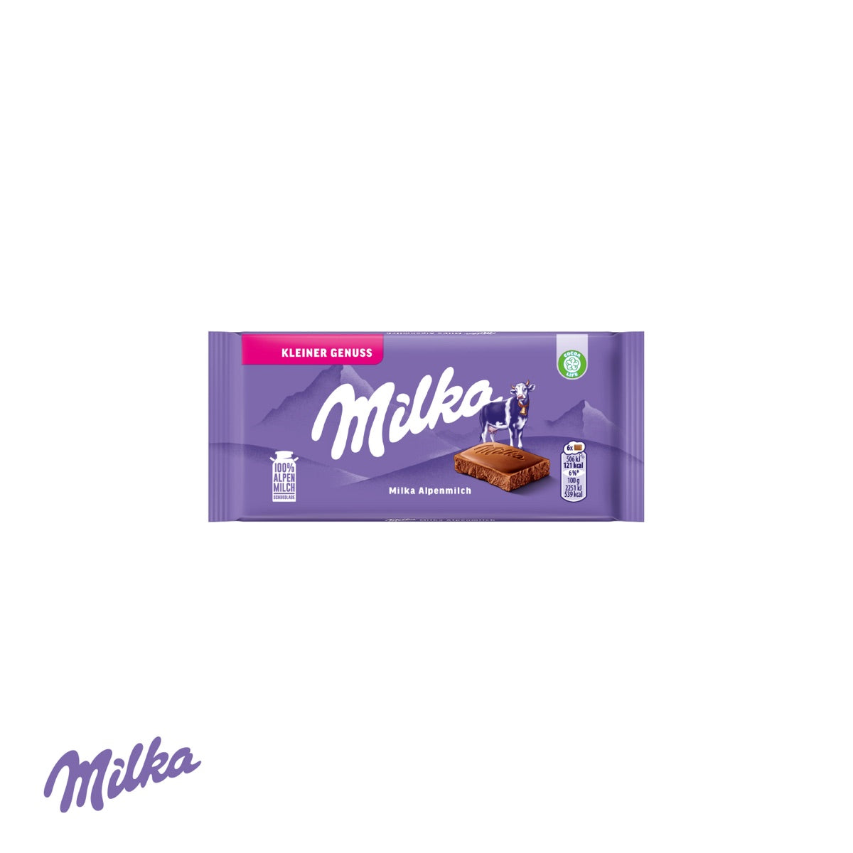 Verpackung mit Hasenohren geöffnet, darin die Milka Tafel Alpenmilch