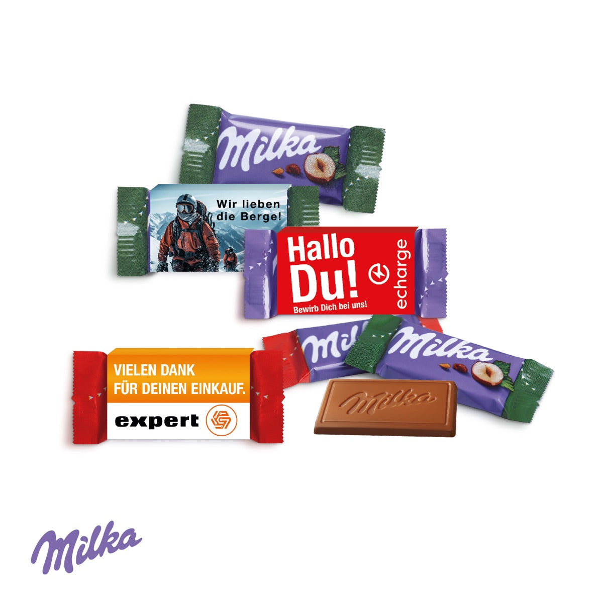 Schmaler Werbeschuber für ein Schokotäfelchen, vierfarbig bedruckt