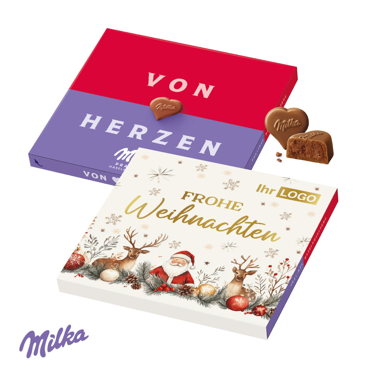 Großer Werbeschuber mit Weihnachtsmotiv für Milka Von Herzen Pralinés