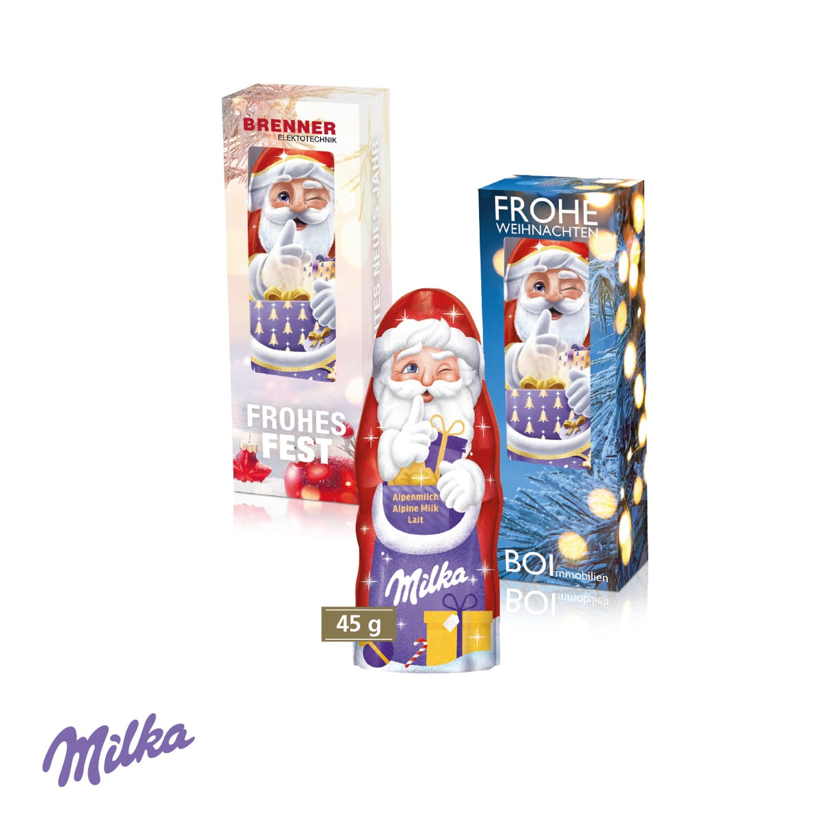 Bedruckte Werbekartonage für einen Milka Weihnachtsmann mit Firmenlogo