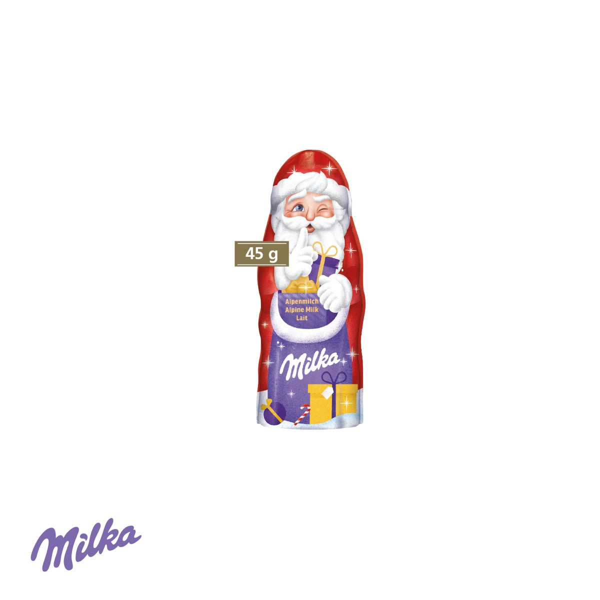 Kartonage geöffnet mit Milka Weihnachtsmann aus Alpenmilchschokolade