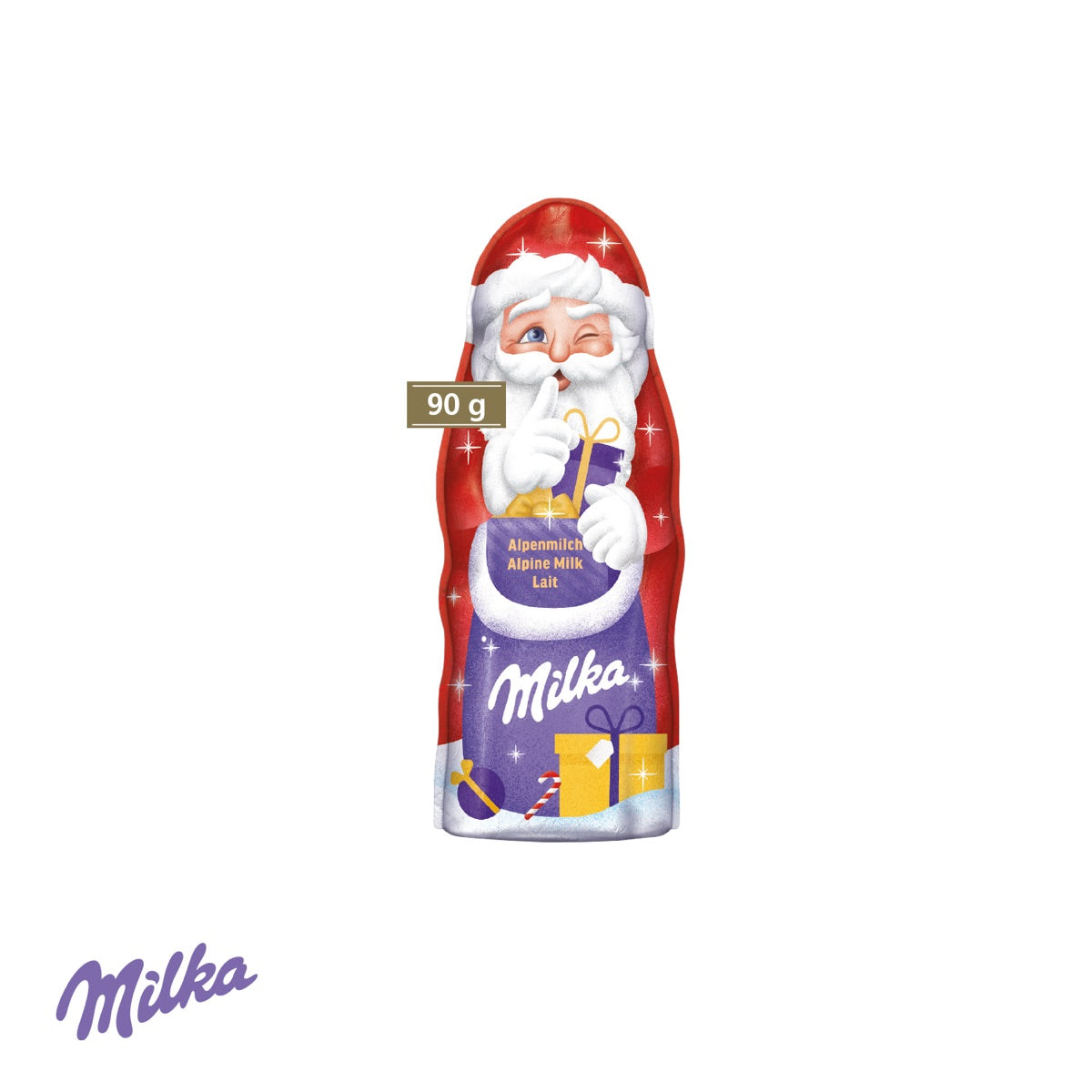 Verpackung geöffnet mit großem Milka Weihnachtsmann