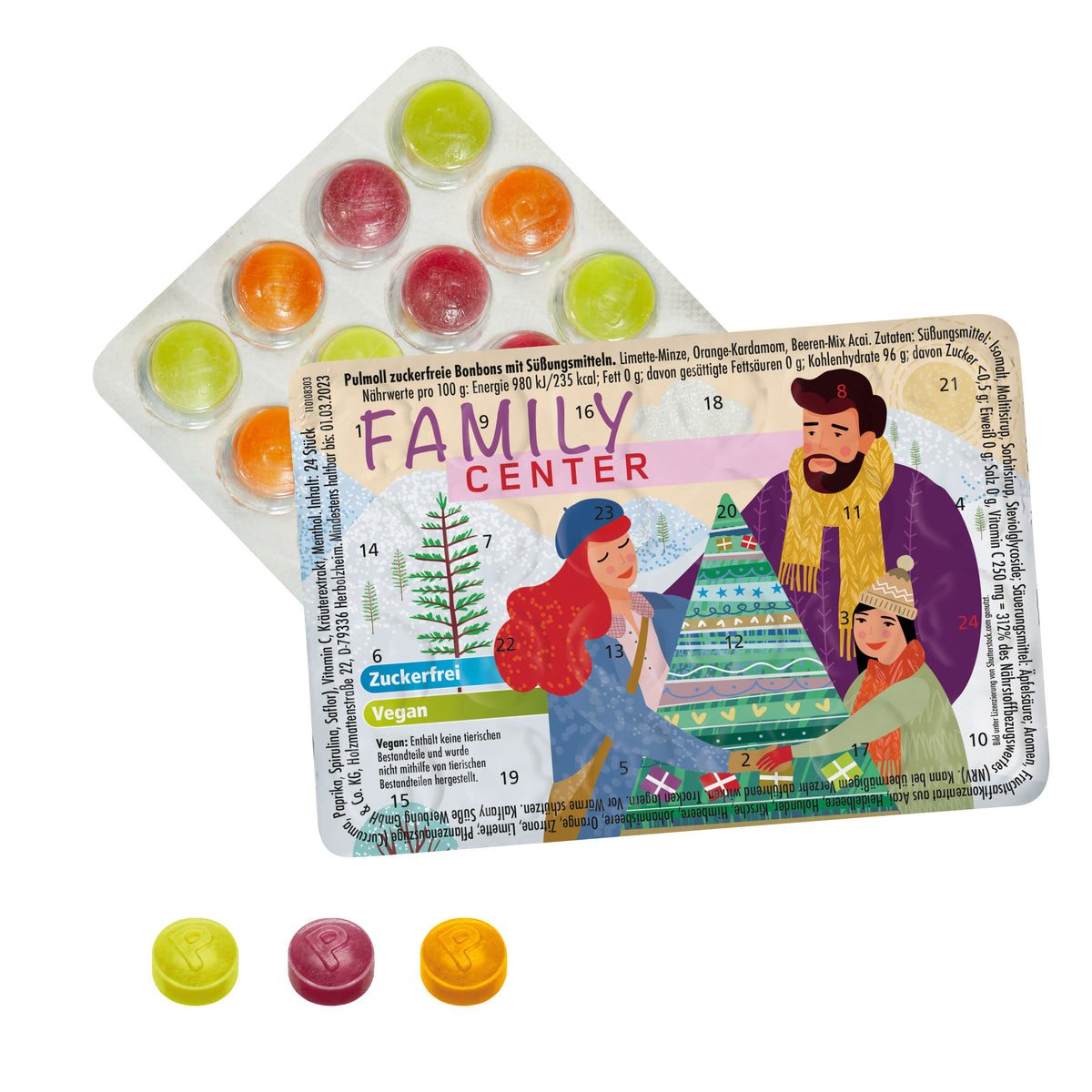 Mini Adventskalender mit Pulmoll Pastillen, 28 g, mit Logo