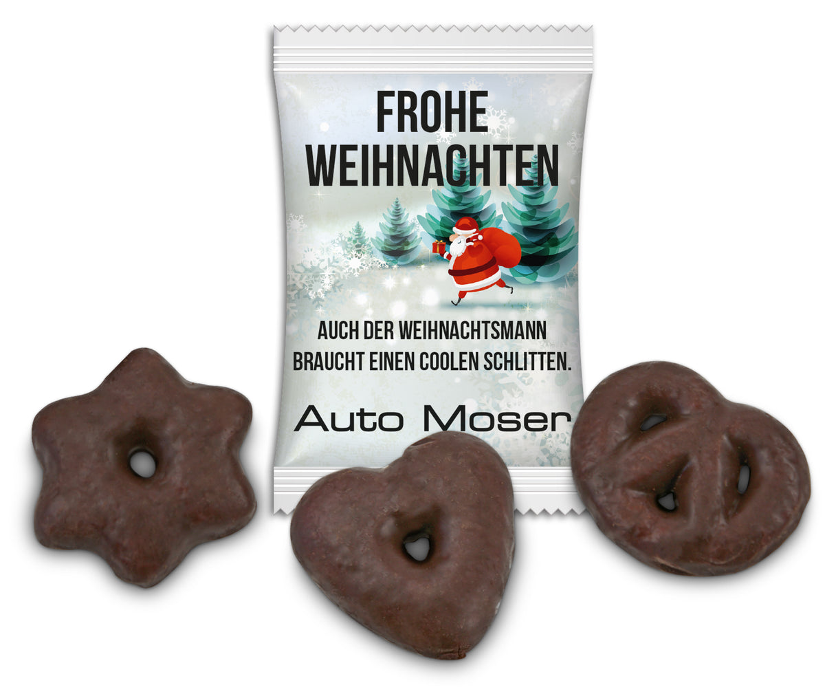 Mini Dreierlei Lebkuchen in Stern, Herz und Brezel im bedruckten Tütchen