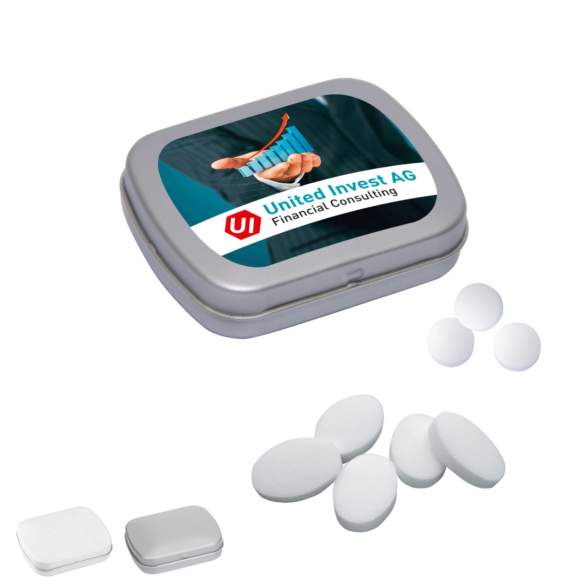Mini Klappdose aus Metall mit tic tac, Pulmoll oder Schokolinsen