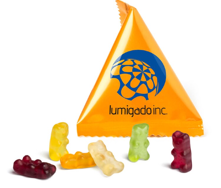 Mini Tetraeder aus bedruckter Folie mit Gummibärchen