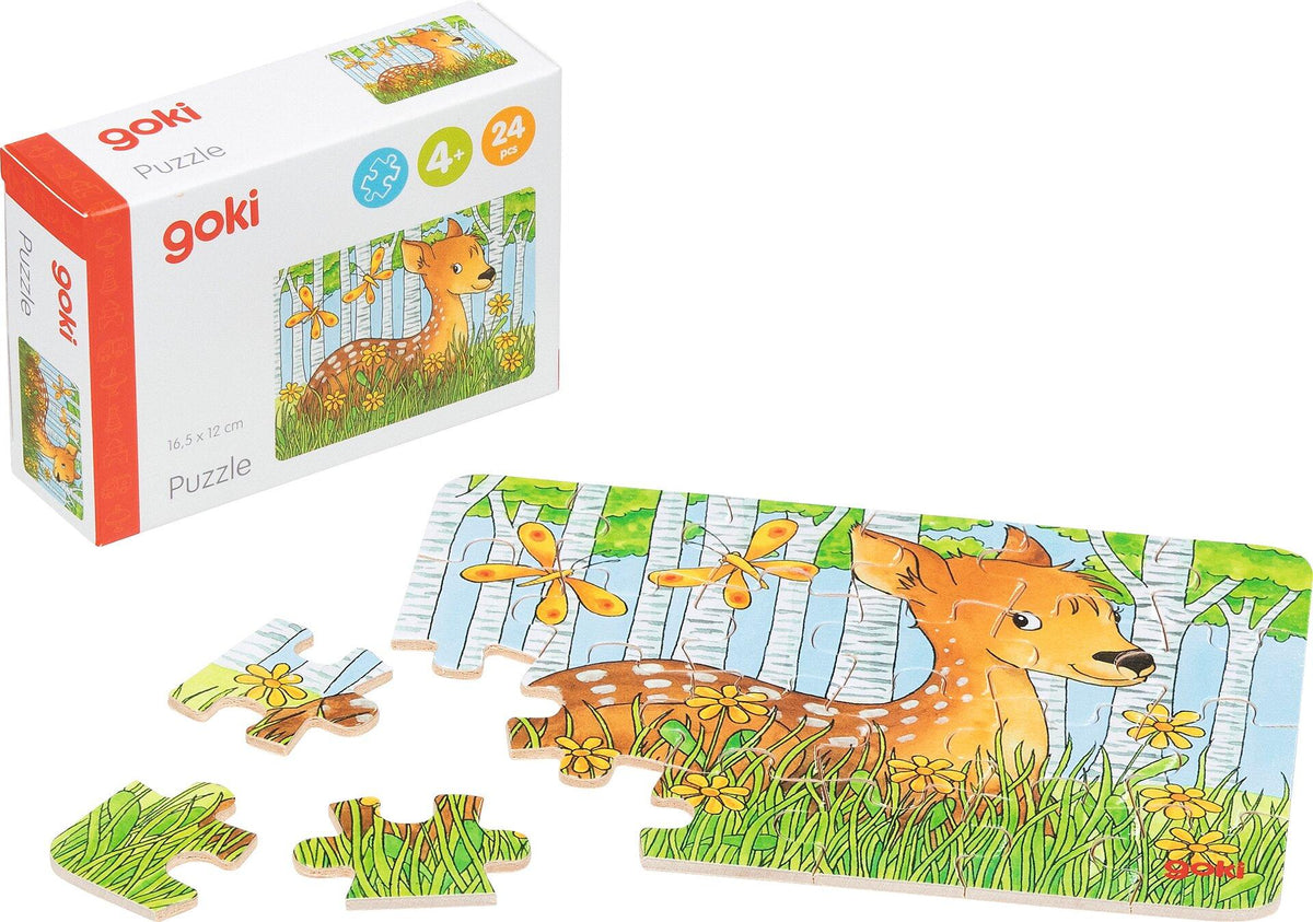 Minipuzzle Waldtiere aus Holz im Display von goki – Detail