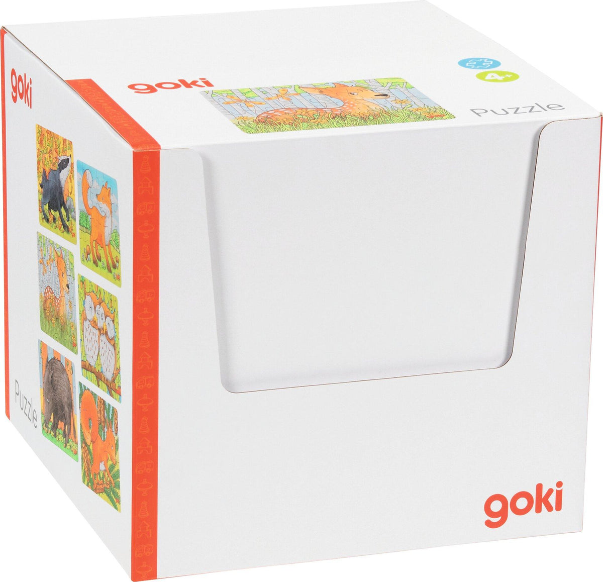 Minipuzzle Waldtiere aus Holz im Display von goki – Nahaufnahme
