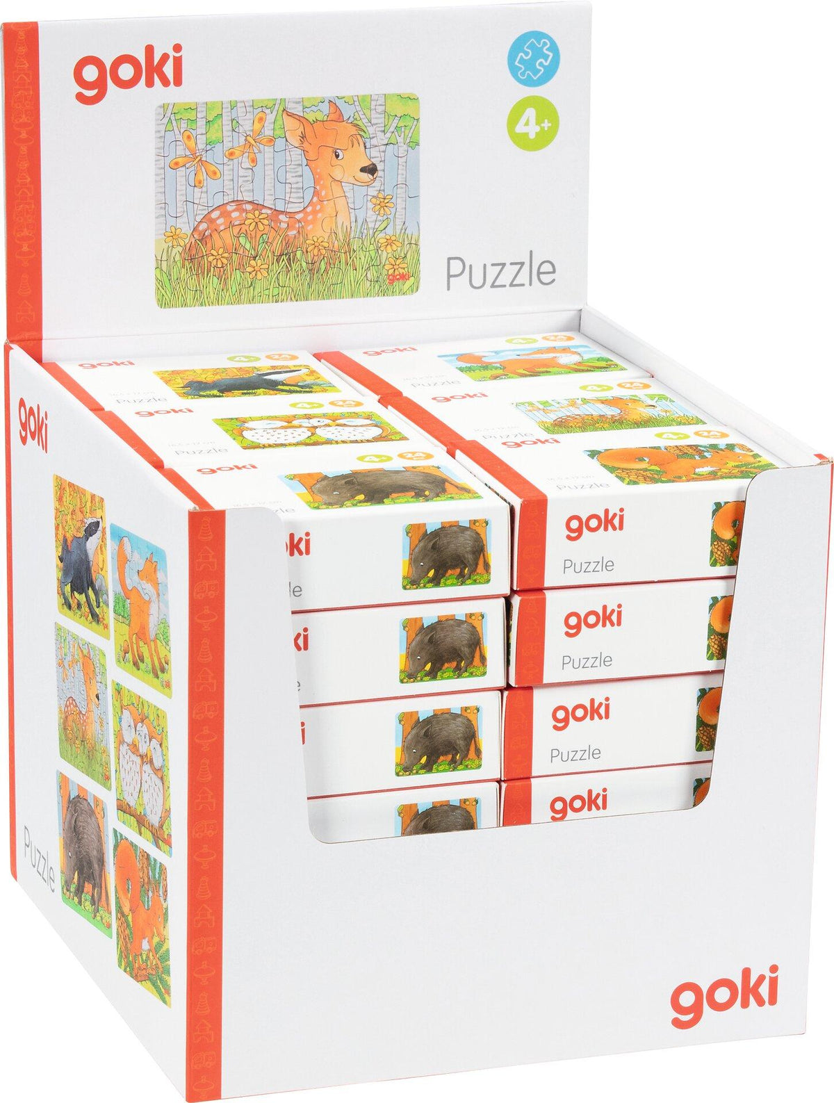 Minipuzzle Waldtiere aus Holz im Display von goki – Seitenansicht