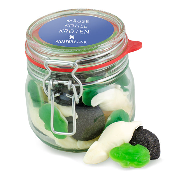 Mix aus Mäusen, Kohle und Kröten im Bügelglas 270 g mit Logo – Beispielmotiv