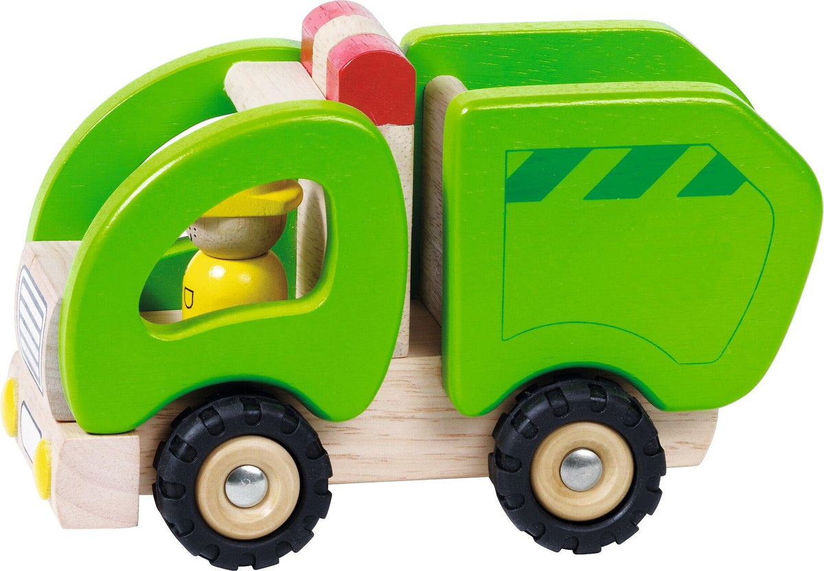 Müllwagen in Grün aus Holz mit Fahrerfigur